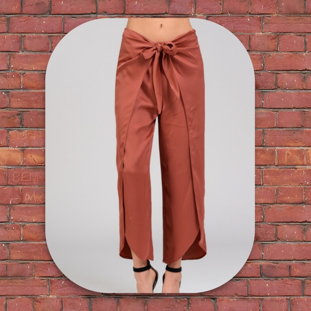Satin Dress Pants Tulip Hems Palazzo Rust Pumpkin - Picture 1 of 11